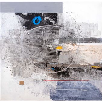 An abstract mixed-media artwork featuring a large circle, textured layers, and bold colors.