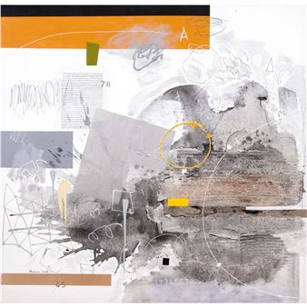 A layered abstract composition blending textured blocks, sketchy lines, and muted colors.