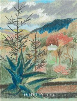 A textured landscape painting featuring a spiky foreground plant against a colorful, hilly background.