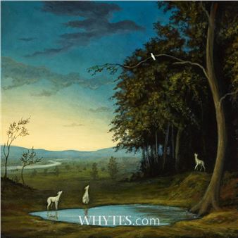 A serene landscape painting featuring white deer, a reflective pool, and a twilight sky.