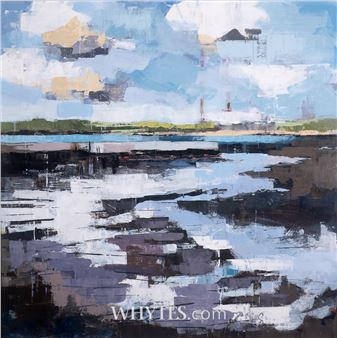A textured landscape painting featuring a river reflecting a cloudy sky and distant industrial structures.