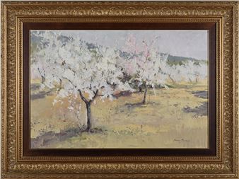 A serene landscape painting of blossoming trees in a field, framed in ornate gold.