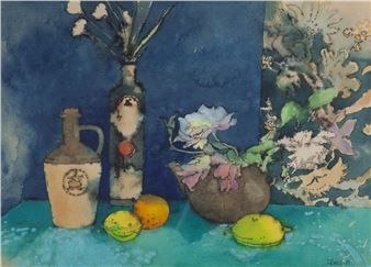 A watercolor still life featuring ceramic vessels, lemons, and flowers against a deep blue background.