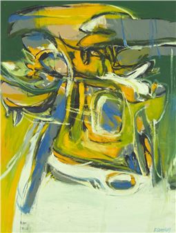 An abstract composition featuring a central yellow-green form against a green background.