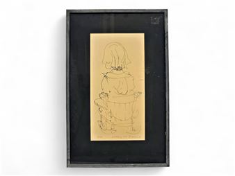 A minimalist line drawing of a seated figure on a chair, rendered in black ink on a cream-colored card within a dark frame.