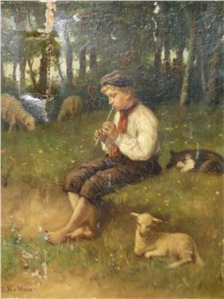 A pastoral oil painting of a shepherd boy playing a flute in a sunlit forest clearing.