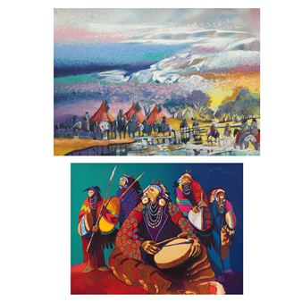 A vibrant diptych featuring a distant tribal encampment and a close-up of a group of figures in colorful attire.