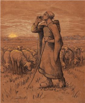 A solitary shepherd figure stands in a vast field with a flock of sheep under a warm, hazy sky.