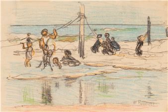 A sketch of a beach scene with figures fishing and relaxing by the water.