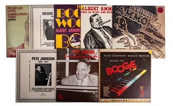 A colorful collage of vintage album covers featuring portraits, bold typography, and musical imagery.