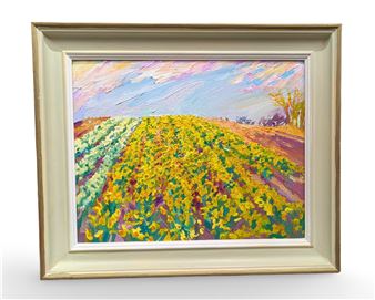 A vibrant impressionist landscape painting of a sunlit field in a gold frame.