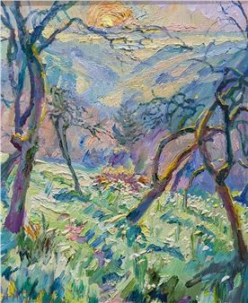An expressive landscape painting featuring a sunlit hillside with bare trees and wildflowers.