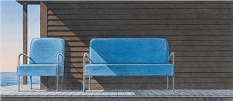A serene outdoor scene featuring two blue upholstered seats against a wooden wall.