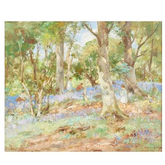 A sun-dappled woodland scene filled with bluebells and figures in a forest clearing.