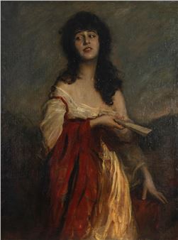 A romanticized portrait of a woman in flowing red and cream garments holding a fan, rendered in loose brushwork with dramatic lighting.