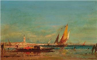 A coastal scene featuring a harbor with boats, a city skyline, and figures on the shore under a hazy sky.