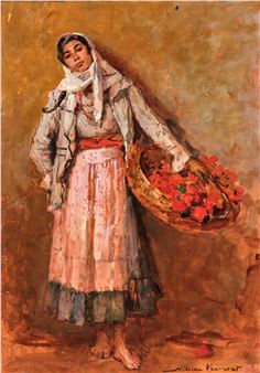 A figure in traditional dress carries a basket of red flowers against a warm, textured background.