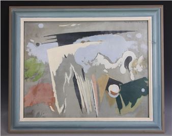 An abstract composition featuring layered geometric shapes and soft color washes.