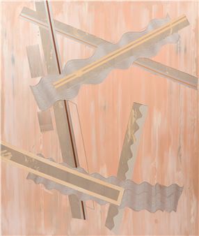An abstract composition of layered geometric forms against a textured peach background.