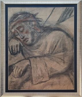 A somber charcoal study of a slumped figure in deep contemplation.