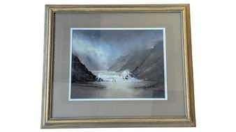 A framed landscape painting of a dramatic mountain river scene under stormy skies.