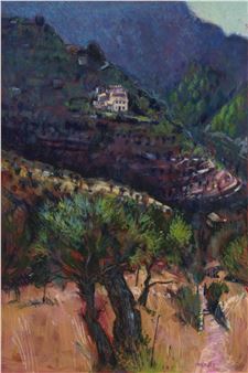 A vibrant landscape painting of a terraced hillside with a white house nestled among dark green trees.