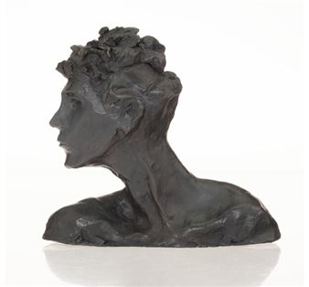 A dark bronze bust of a figure in profile, featuring textured hair and a contemplative expression.