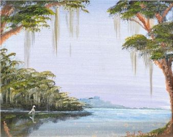 A serene landscape painting of a misty river scene framed by trees with hanging moss.