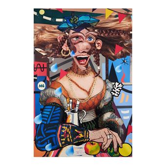 A chaotic pop-art portrait of a figure with exaggerated features, colorful patterns, and surreal elements.