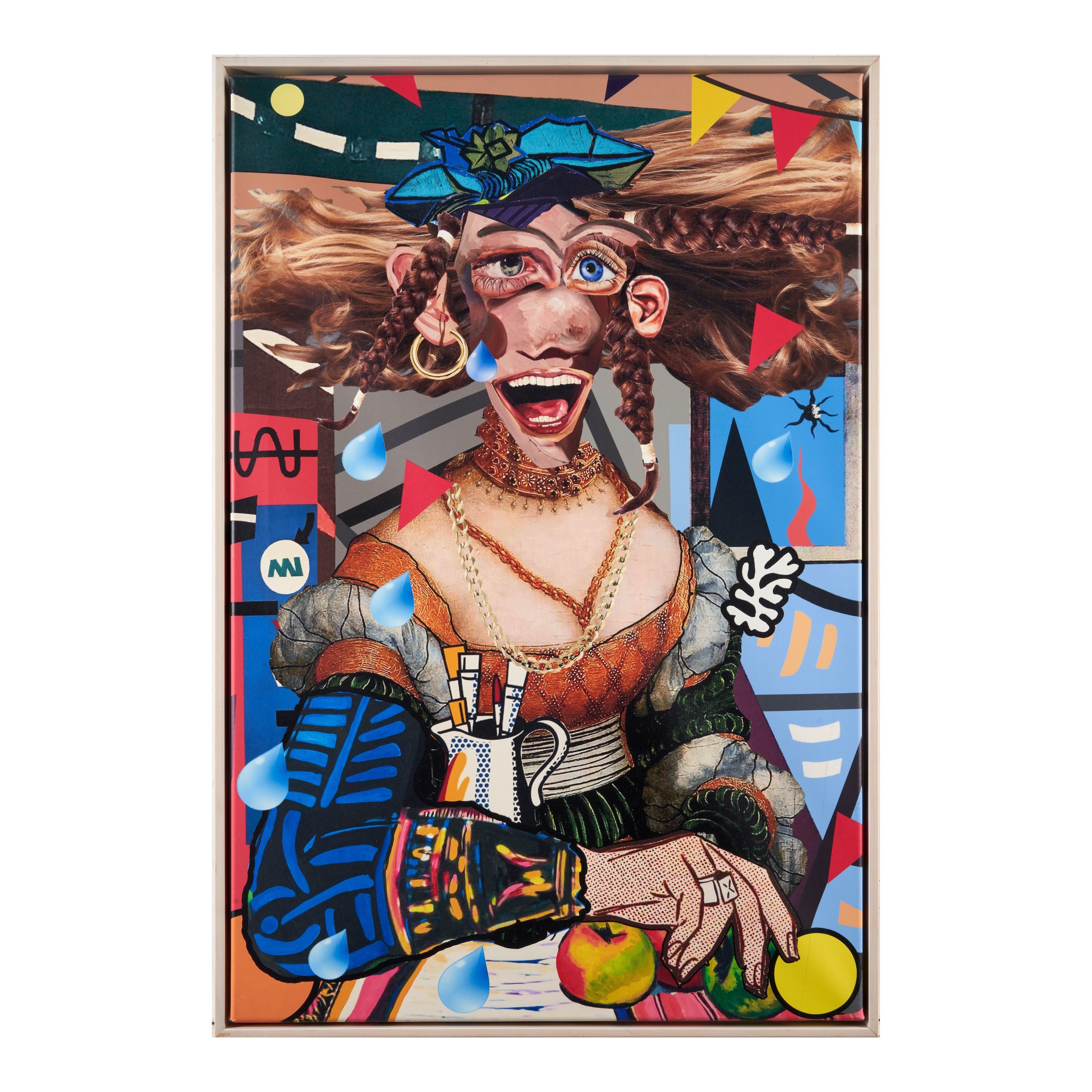 A chaotic pop-art portrait of a figure with exaggerated features, colorful patterns, and surreal elements.