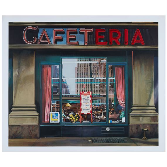 A realistic painting of a storefront with a red neon sign and a window display featuring pink curtains and city reflections.