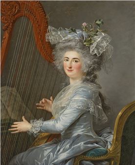 Portrait of Marquise Marie-Thérèse-Odile de la Valette (1761-1788), half-length, seated, in a silver grey satin dress with a lace shawl and bonnet, playing a harp