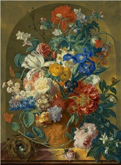 Roses, orange blossom, peonies, narcissi, poppies and other flowers in a terracotta vase decorated with putti, and a bird’s nest on a marble ledge, before a niche