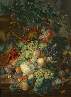 Peaches and grapes in a wicker basket, with fruit and flowers arranged on a marble ledge, including plums, raspberries, redcurrants, melon, hazelnuts, poppy, morning glory, forget-me-not, cockscomb and jasmine, a stone column and terracotta urn beyond, decorated with putti, holding an opium poppy, with butterflies and insects