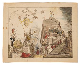 Political Cartoon] | A rare political cartoon featuring Franklin and satirizing the 1776 Pennsylvania Constitution, Banks, and more - American School, 18th Century