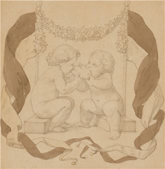 A sketch of two small figures sharing a moment on a decorated swing.