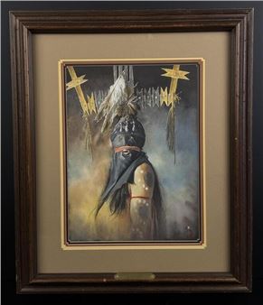 A framed painting of a masked figure with golden crosses and feathers against a moody, atmospheric background.