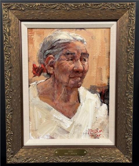 A textured portrait of an elderly woman with white hair and a red flower, framed in ornate gold.