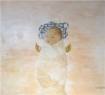 A swaddled infant figure with barbed wire and wings against a textured beige background.