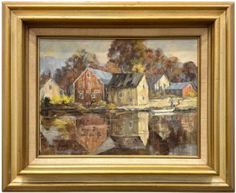 A framed landscape painting of a riverside village with autumnal colors and reflections.