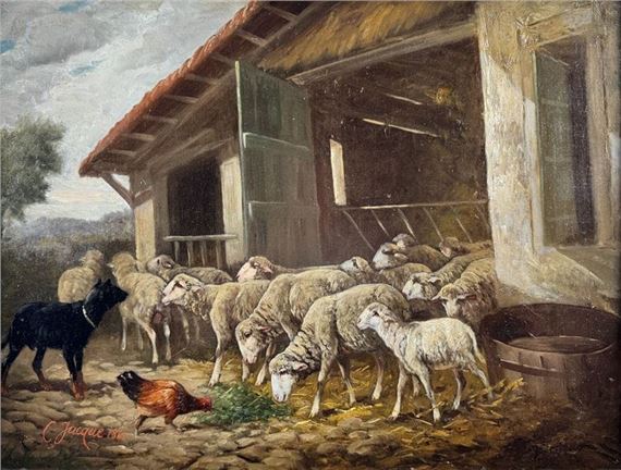 A rustic pastoral scene featuring a flock of sheep, a black dog, and a chicken near an old barn.
