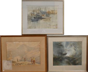 A collection of three framed watercolor paintings depicting maritime, mountainous, and abstract landscapes.