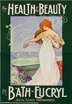 A vintage-style illustration of a woman in a white robe pouring liquid from a bottle, surrounded by swirling bubbles and flowers.