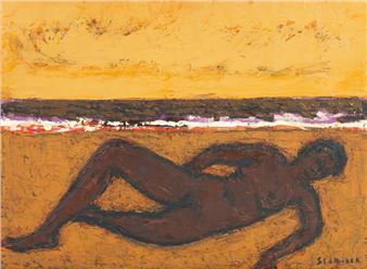 A figure rests on a beach under a warm, textured sky.