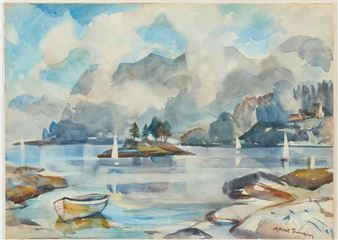 A watercolor landscape of a serene lake with sailboats and distant mountains.