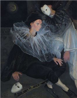 A dramatic painting of two masked figures in a dark, theatrical setting.