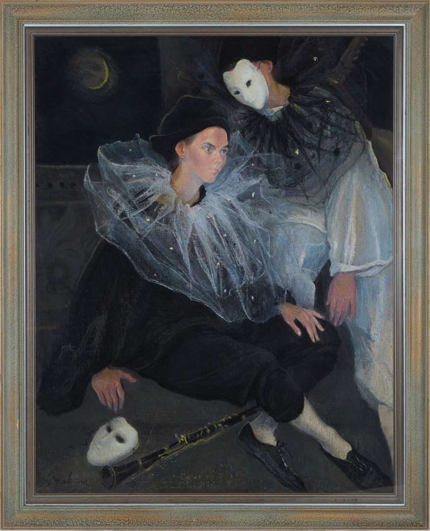 A dramatic painting of two masked figures in a dark, theatrical setting.