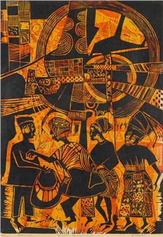 A bold, graphic print featuring four figures in traditional attire against a complex background of geometric patterns and abstract shapes.
