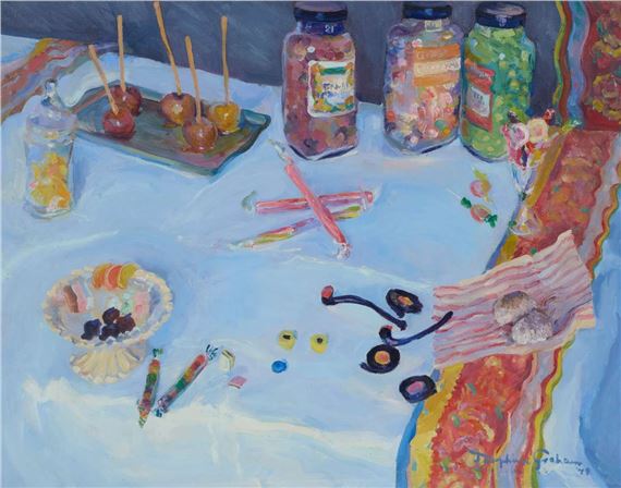 A colorful still life painting of a candy table.