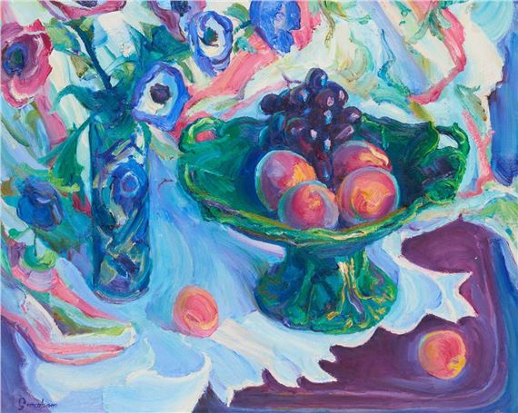 A vibrant still life painting featuring a bowl of fruit and flowers on a colorful tablecloth.